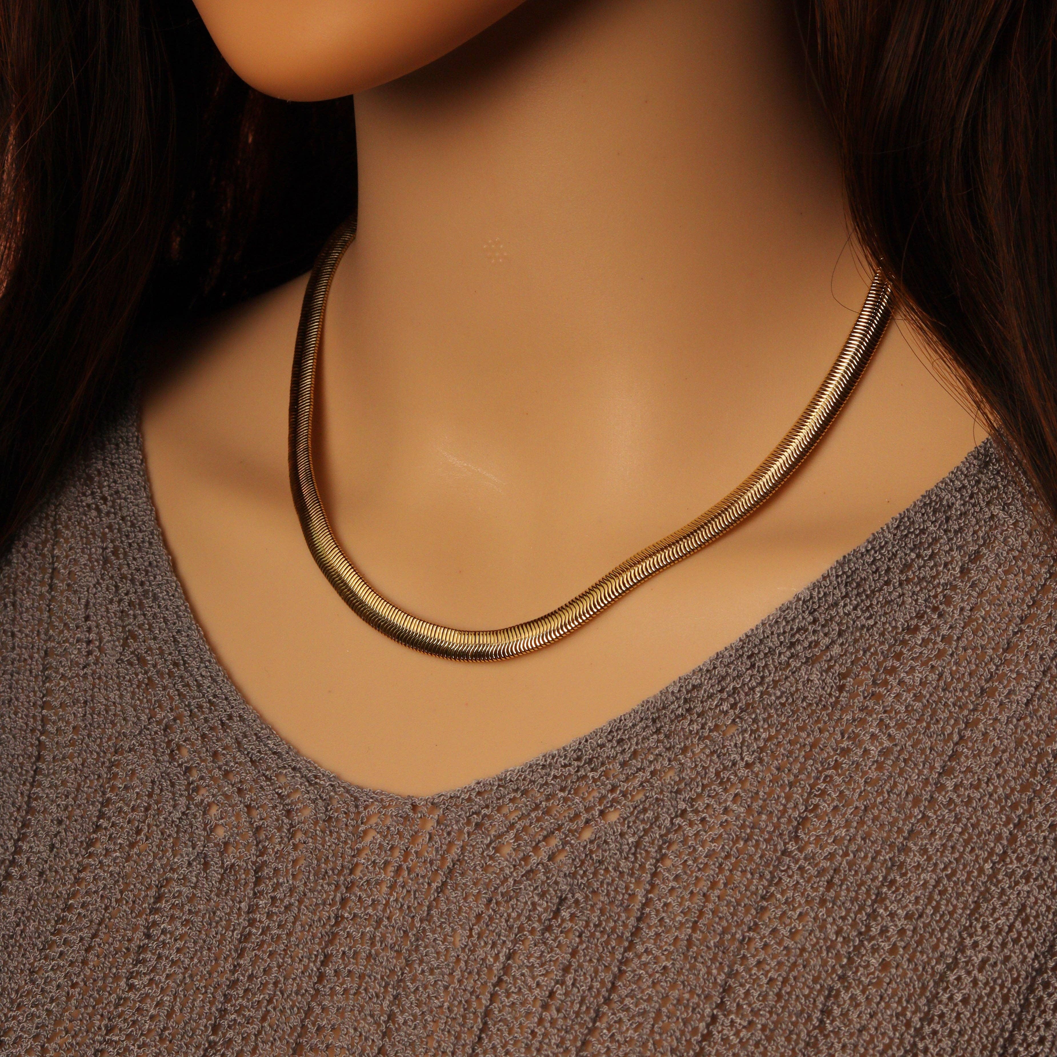 Thick Gold herringbone Necklace, Sku#LD513