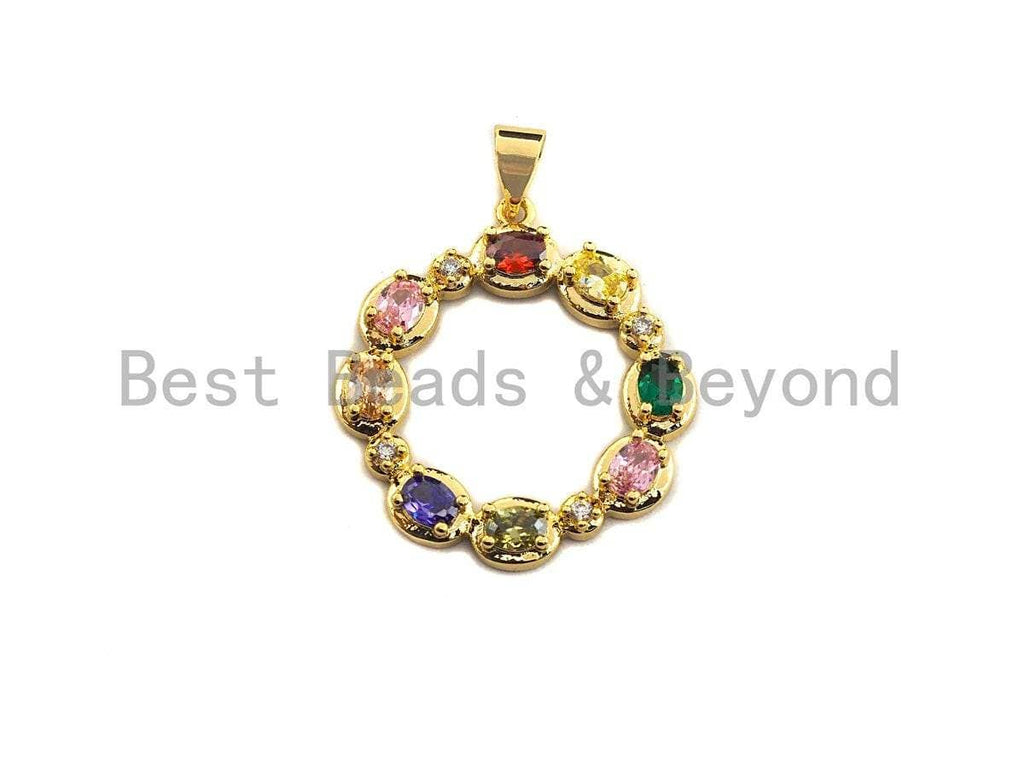 CZ Colorful Micro Pave Hollow out Round with Baguette CZ Pendant, Ring Shaped Pave Pendant, Gold plated, 24x27mm, Sku#F953