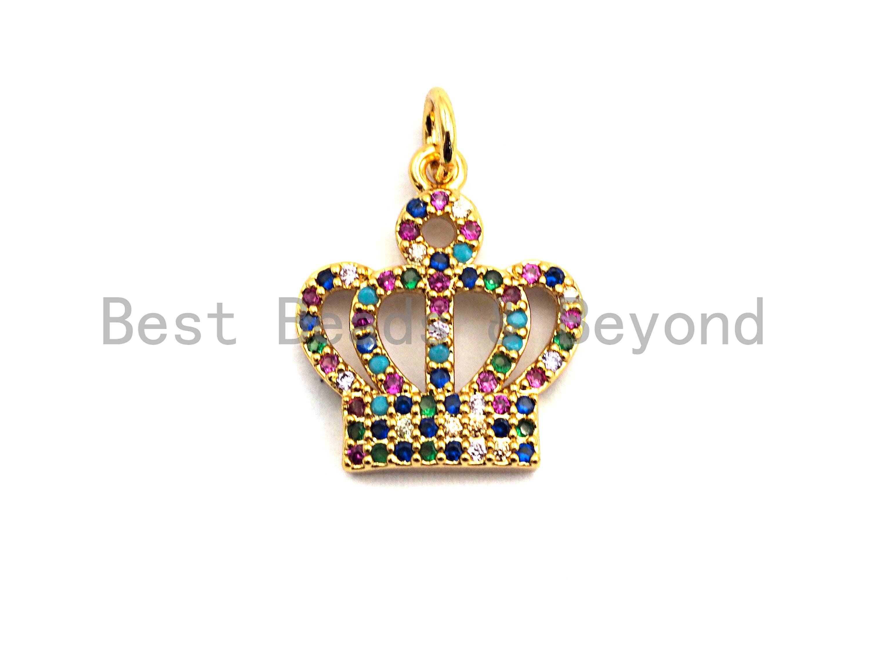 CZ Colorful Micro Pave Royal Crown Charm Pendant, Crown Shaped Pave Pendant, Gold plated, 17x15mm, Sku#F837