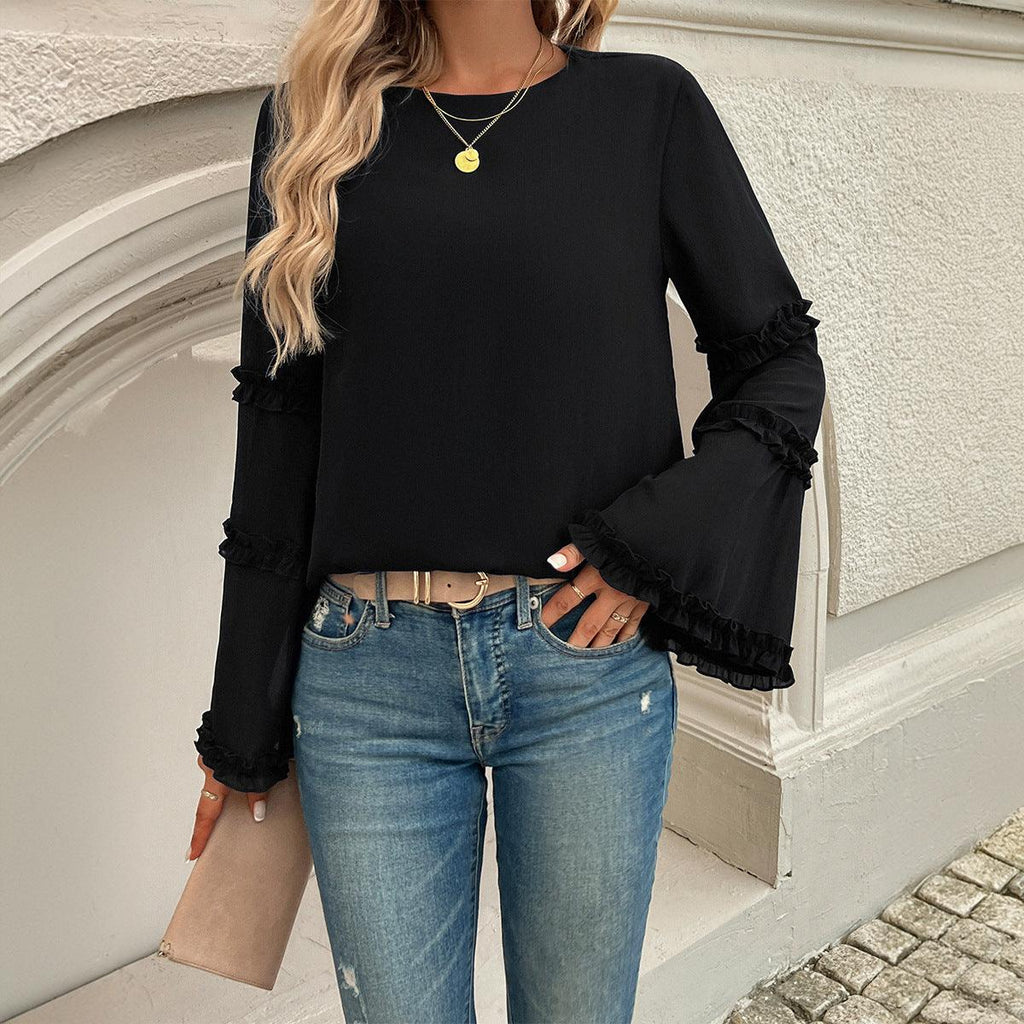 Chemisier élégant à manches trompettes pour femme - Blouse à volants tendance pour femmes stylées