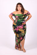 Tropical Off Shoulder Draped Slv Maxi Dress