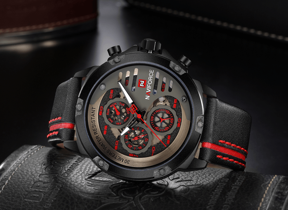 Montre de Sport Étanche Homme avec Chronomètres et Bracelet en Cuir Montre-Bracelet Multifonction Design Unique Cadeau Parfait