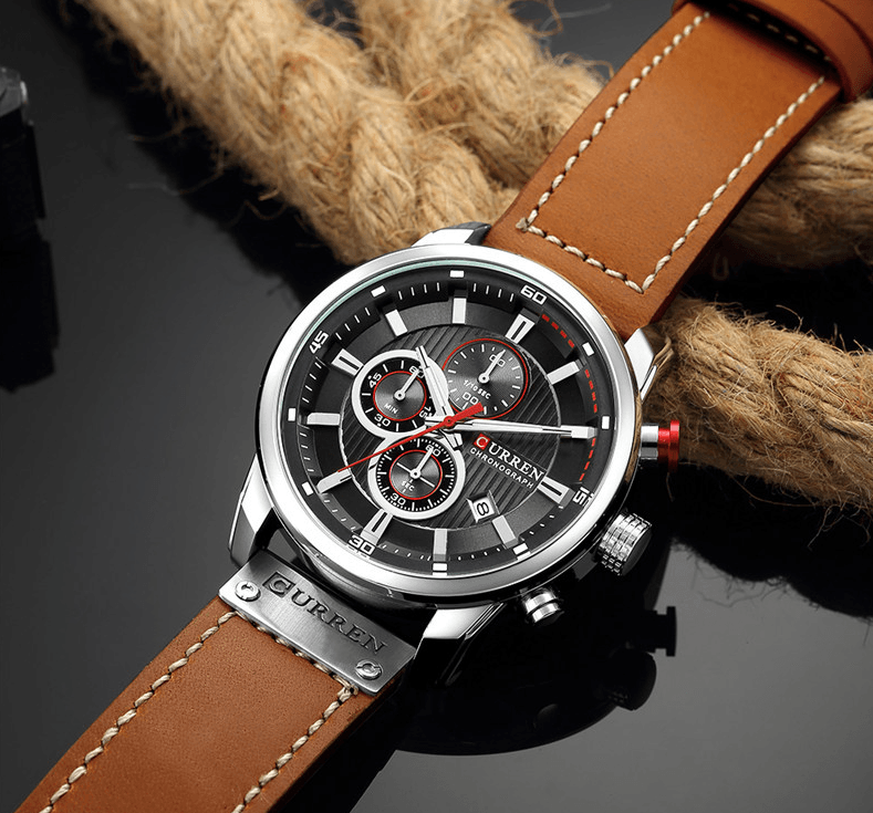 Montre de sport élégante et étanche pour homme avec chronomètres, affichage de la date, bracelets en cuir et verre Hardlex résistant aux rayures. Cadeau idéal pour lui.