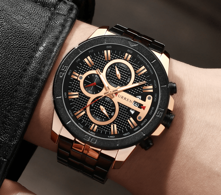 Montre étanche pour homme avec chronomètres, affichage du jour et aiguilles fluorescentes. Design de luxe unique. Cadeau parfait.
