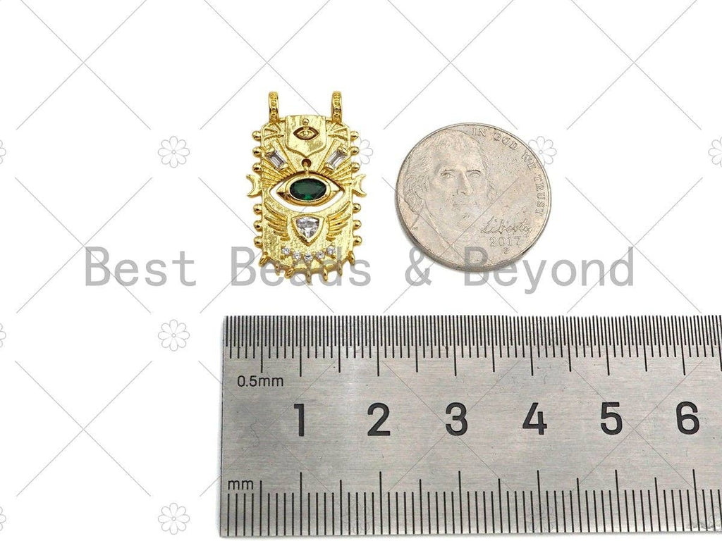 CZ Micro Pave Green Evil Eye On Rectangle Shield Shape Pendant,Evil Eye Shaking Back and Forth Charm, Gold Charm,16x28mm,Sku#Z1323