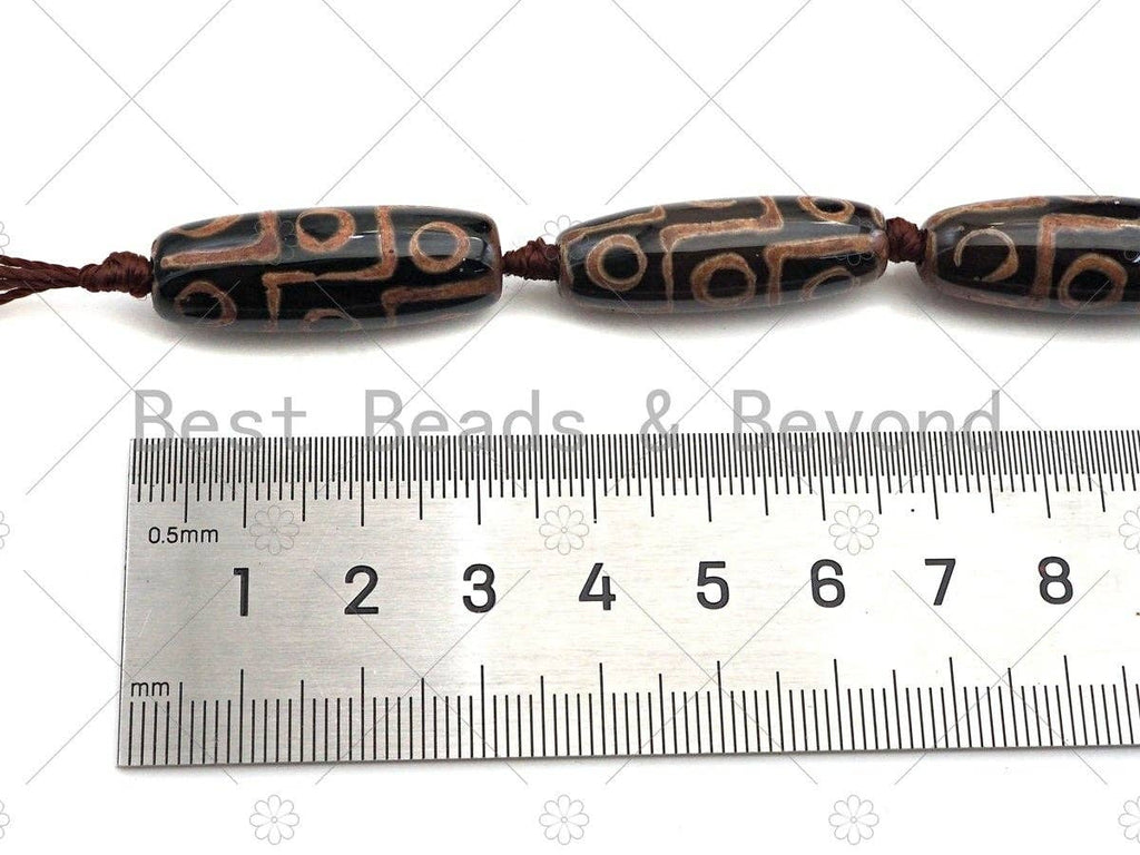 Natural Tibetan Agate Barrel Beads, Brown Black Dzi Drum Beads, Tibetan Dzi Beads, 10x30mm, Sku#U1044