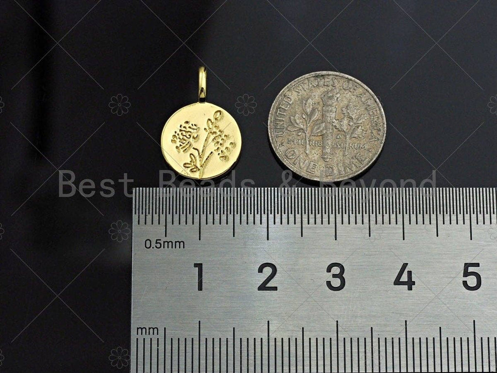 18k Shiny Gold Flower On Round Coin Charms, Dainty Charms, Flower Pendant, Gold Pendant, Round Necklace Charms, 12x18mm, Sku#Z1174