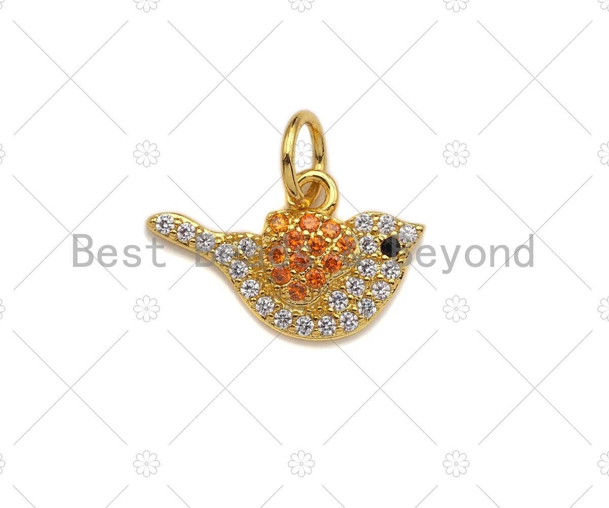 Cute CZ Micro Pave Little Bird With Heart Shape Charm, Bird Cubic Zirconia Pendant, Silver/Gold/Rose Gold, Animal Charm, 9x15mm, Sku#Y266