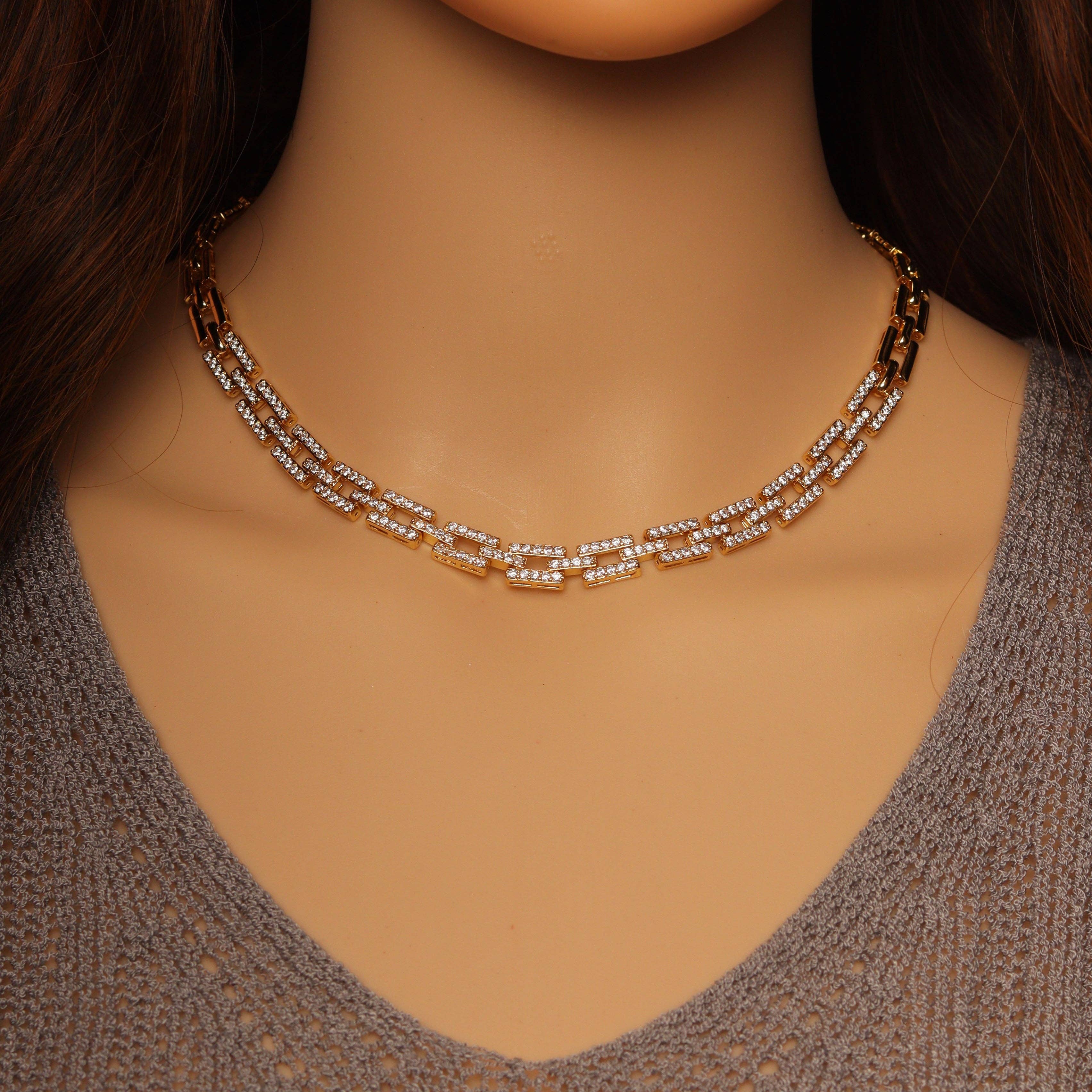 Clear CZ Gold Square Link Chain Adjustable Necklace,sku#LX230