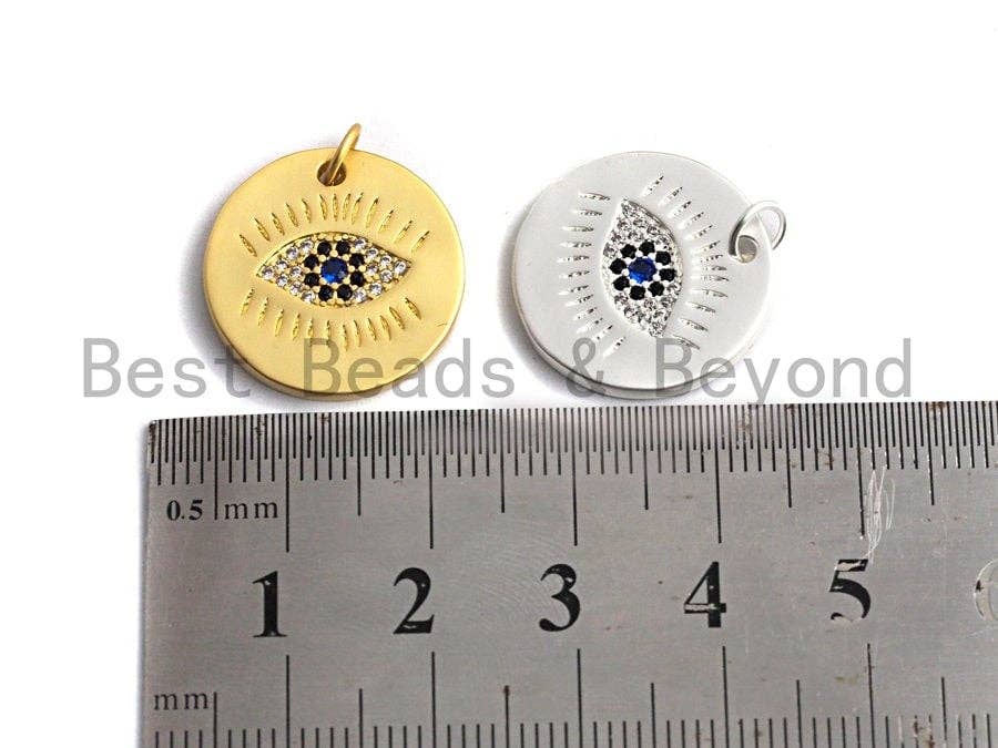 Cobalt CZ Micro Pave Round Evil Eye on Disc Pendant/Charm, Lucky eye Cubic Zirconia Pendant, Silver/Gold Tone,19x19mm,Sku#Y205