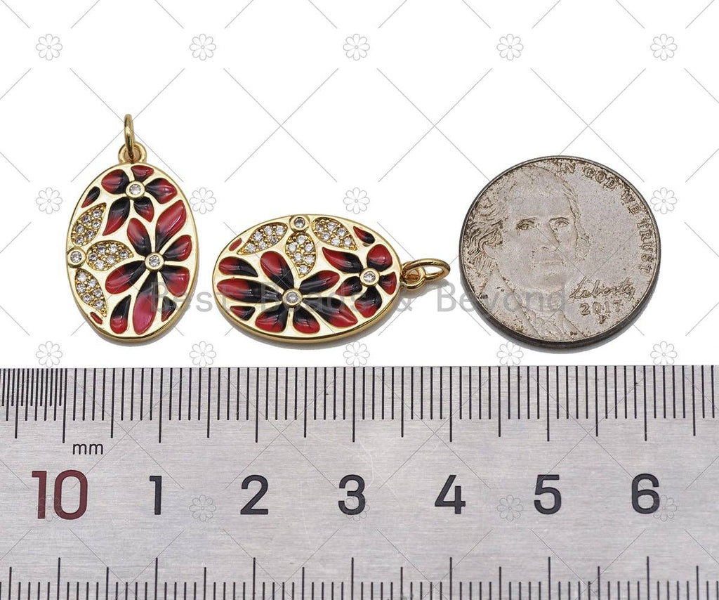 CZ Micro Pave and Enamel Flower On Oval Shape Pendant, 18K Gold Filled Flower Charm, Necklace Bracelet Charm Pendant, Sku#Y570