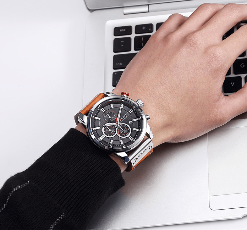Montre de sport élégante et étanche pour homme avec chronomètres, affichage de la date, bracelets en cuir et verre Hardlex résistant aux rayures. Cadeau idéal pour lui.