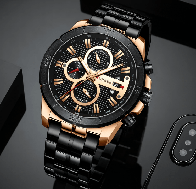 Montre étanche pour homme avec chronomètres, affichage du jour et aiguilles fluorescentes. Design de luxe unique. Cadeau parfait.