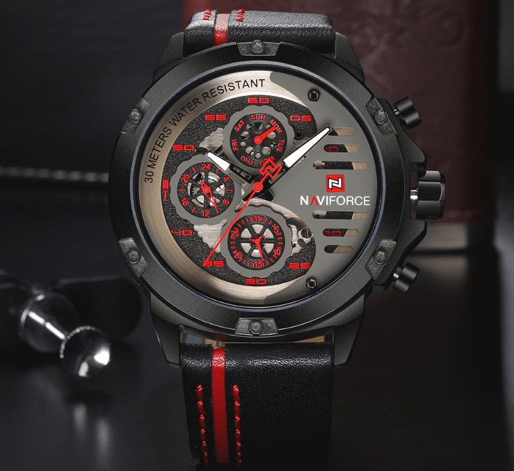 Montre de Sport Étanche Homme avec Chronomètres et Bracelet en Cuir Montre-Bracelet Multifonction Design Unique Cadeau Parfait