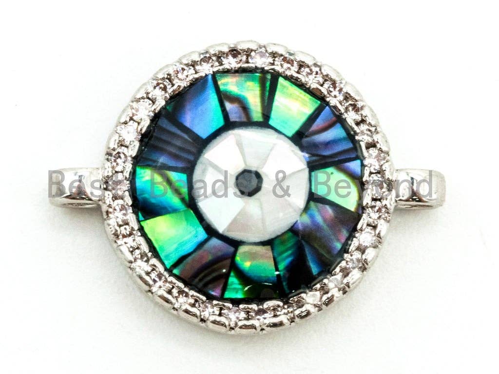 CZ Micro Pave Round Evil Eye Connector with Abalone Shell, Cubic Zirconia Space Connector, CZ Abalone Stone Charm 13x17mm, 1pc,SKU#Z30