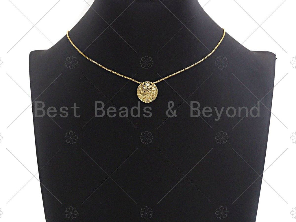 CZ Micro Pave Black CZ Square Pattern On Round Coin Shape Pendant, Dainty Gold Medallion Pendant,17mm, Sku#LK24