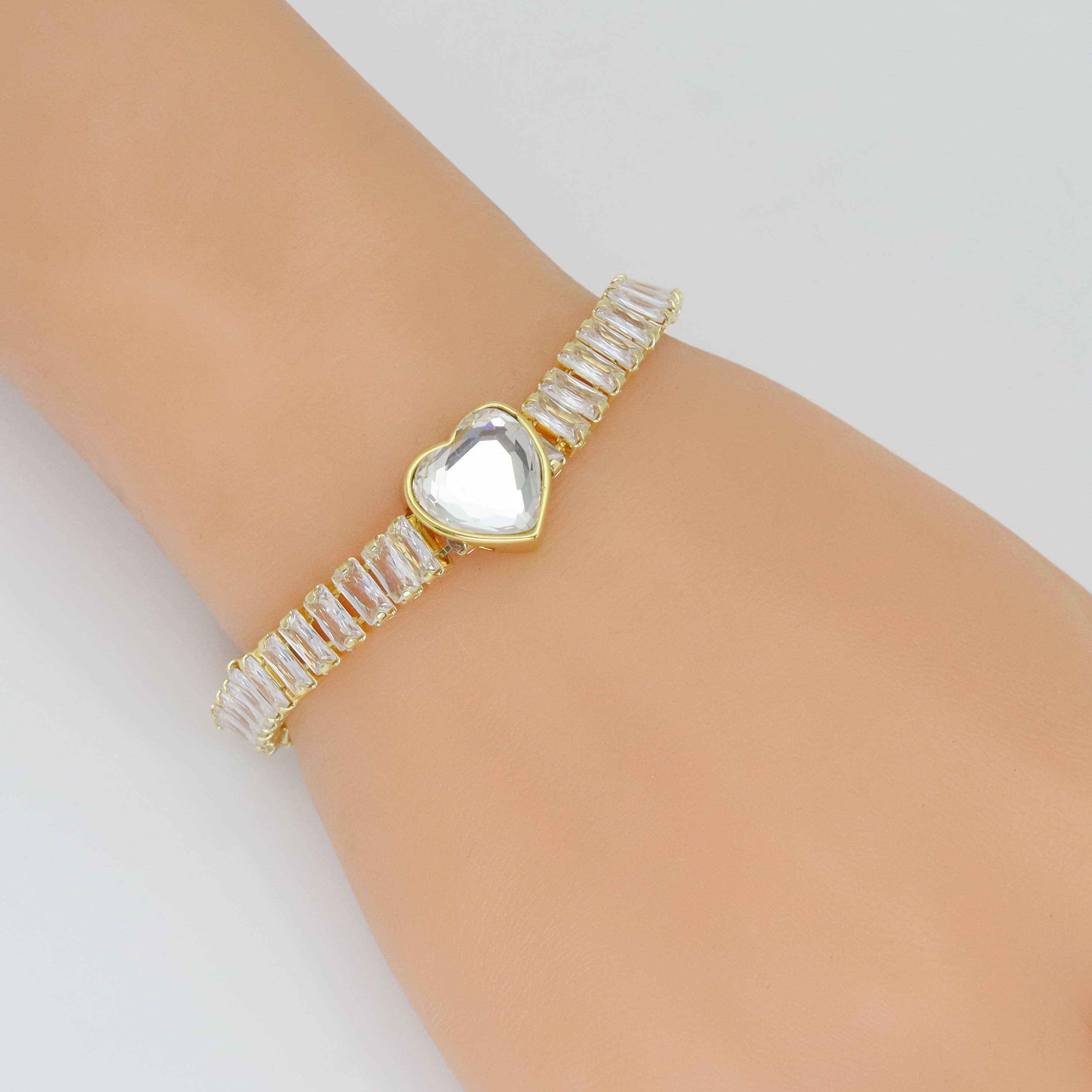 Baguette CZ Heart Sliding Adjustable Bracelet, Sku#A385