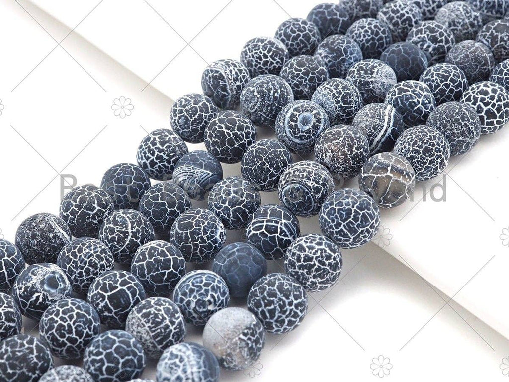 High Quality Natural Black Frosted Matte Fire Agate, Round 6mm/8mm/10mm/12mm Fire Agate, Black Cracked Agate, 15.5" Full Strand, sku#UA142