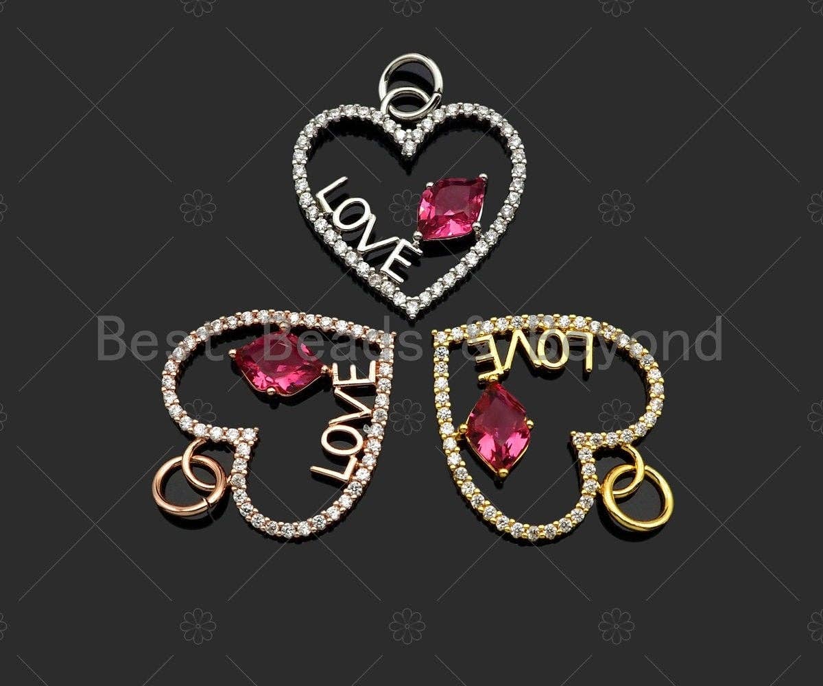 Big Fuchsia CZ Micro Pave Love On Heart Shape Pendant/Charm,Cubic Zirconia Paved Charm, Necklace Bracelet Charm Pendant, 16x17mm,Sku#Y356