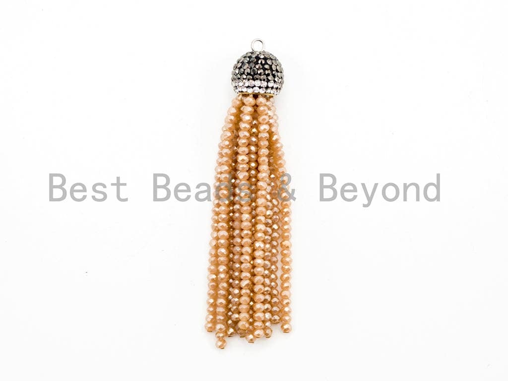 Crystal Beaded Tassel Pendants,Glass Crystal Beads,Pave CZ Rhinestone Cap, Tassel Necklace Enhancer, 3'' long, Sku#B67