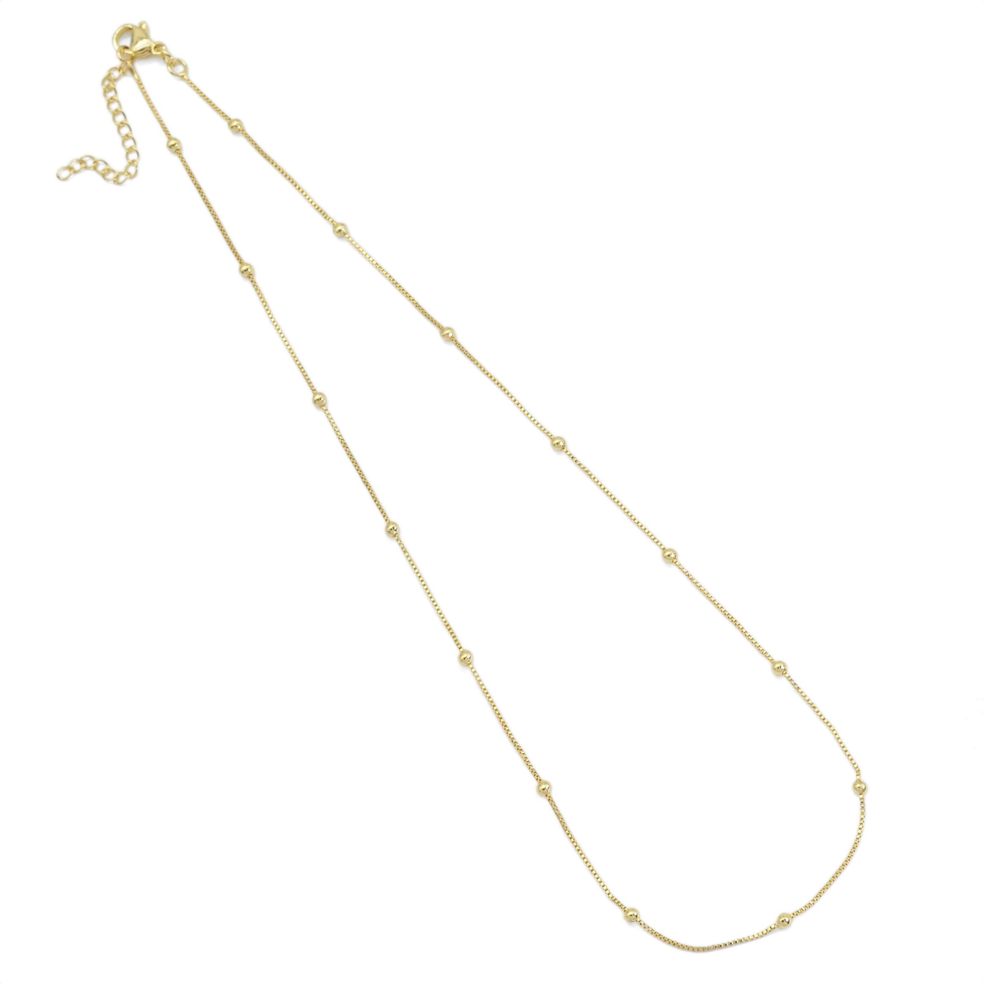 Dainty Gold Box Chain with Satalite ball Adjustable Necklace, Sku#LD493