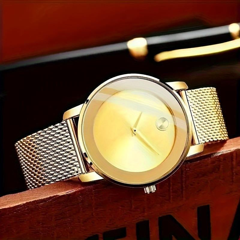 A Stylish Women'S Quartz Watch with a Mesh Strap - Featuring a Golden round Dial, Fashionable Zinc Alloy Strap and Case, a Casual Decorative Accessory, Perfect as a Ramadan Gift or a Present for Mom.