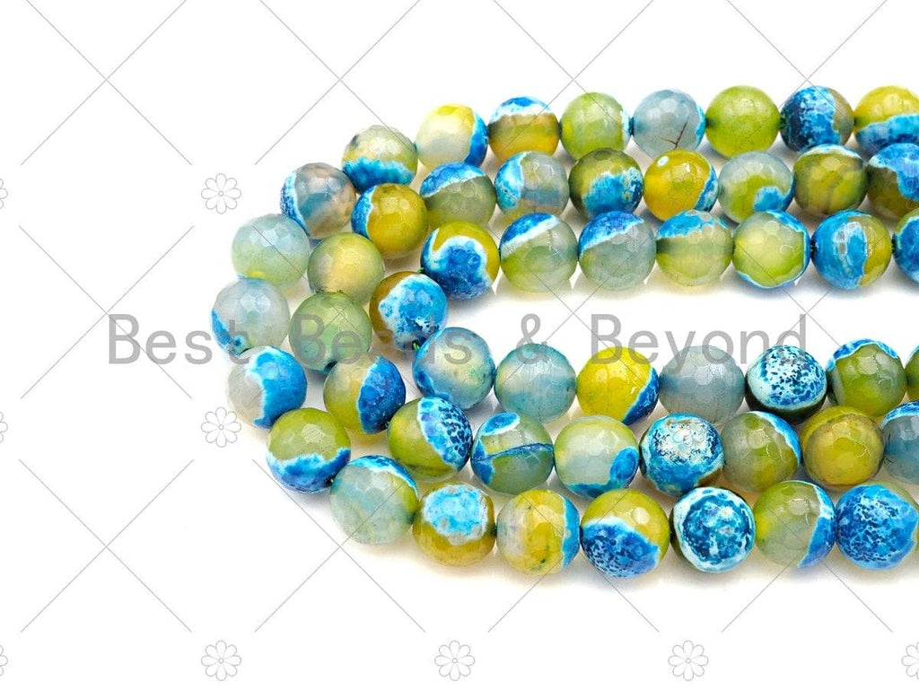 Natural Blue Yellow Fire Agate Round Faceted Beads, 8mm/10mm