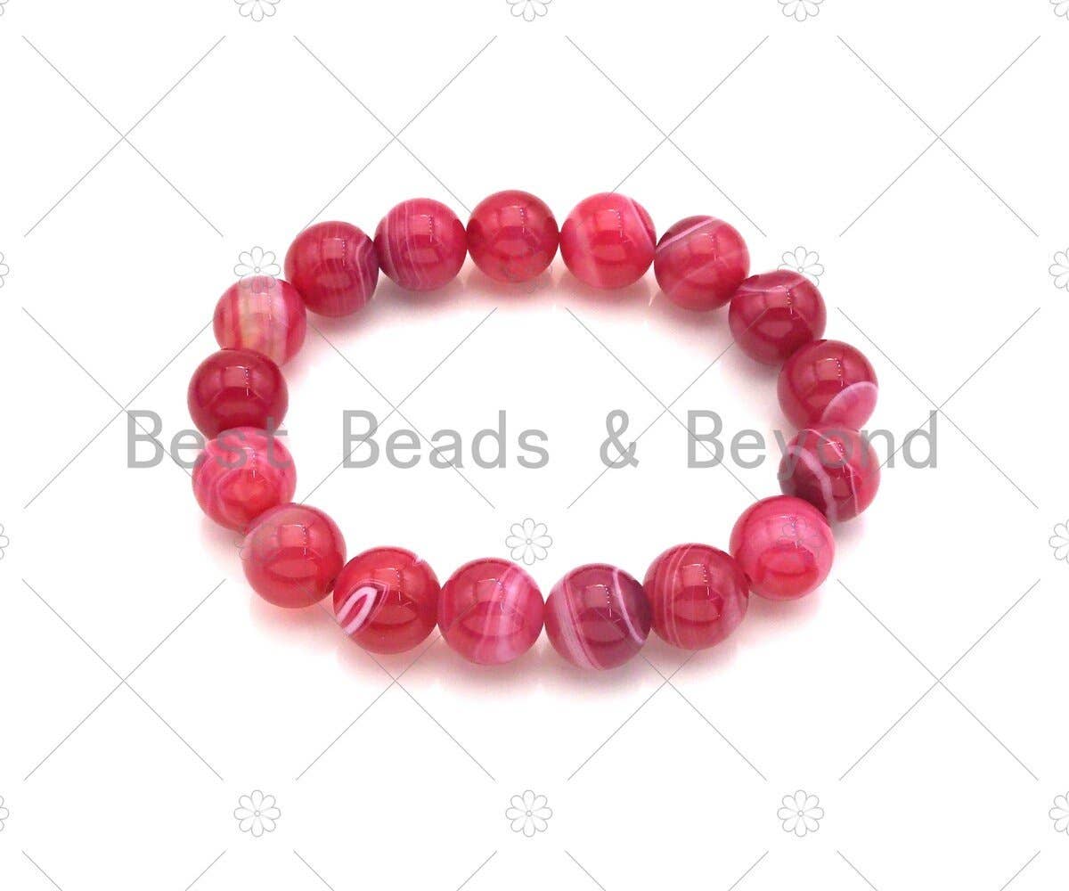 Natural Hot Pink Banded Agate Stretchy Bracelet. Sku#EF13