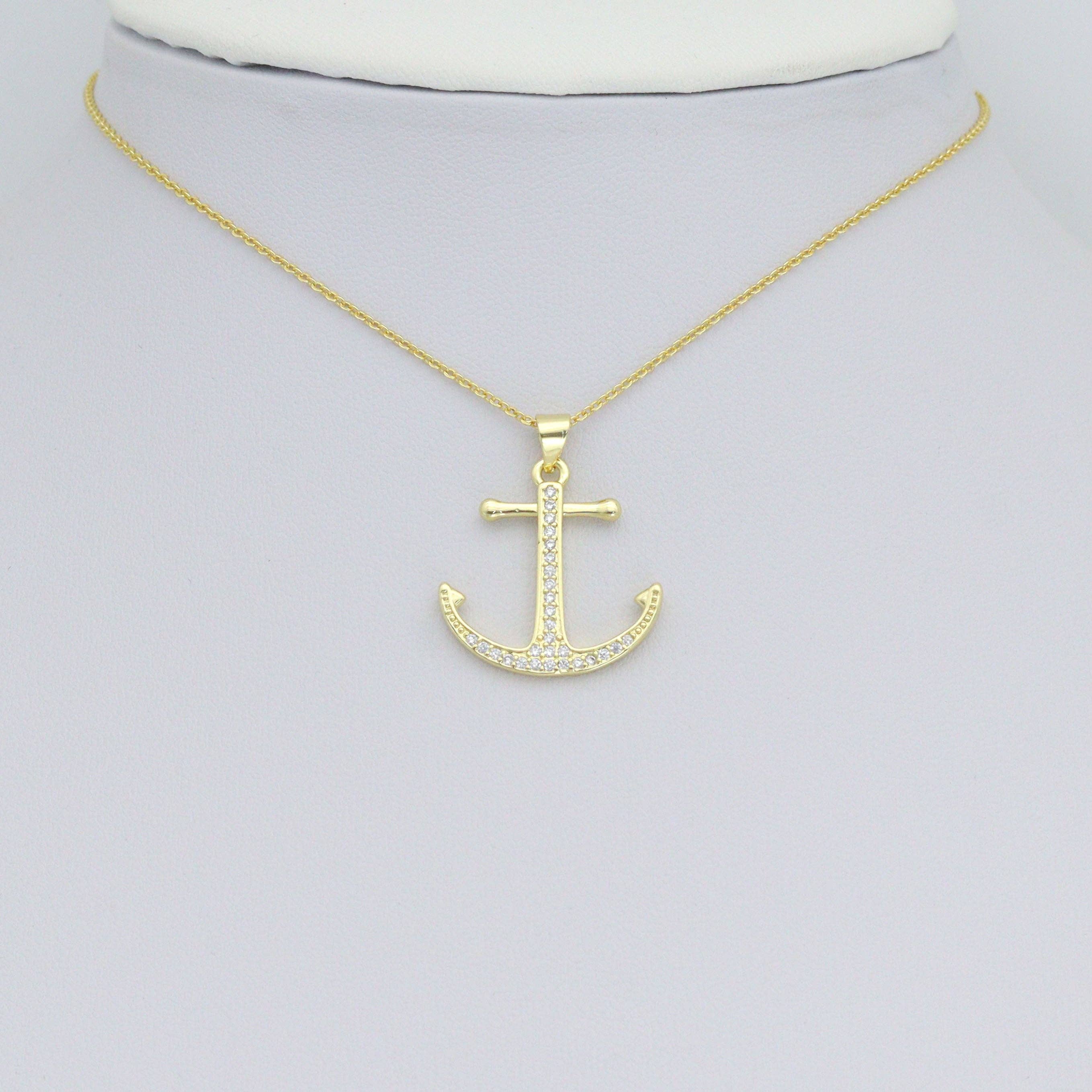 Clear CZ Gold Boat Anchor Charm Pendant, Sku#LK1166