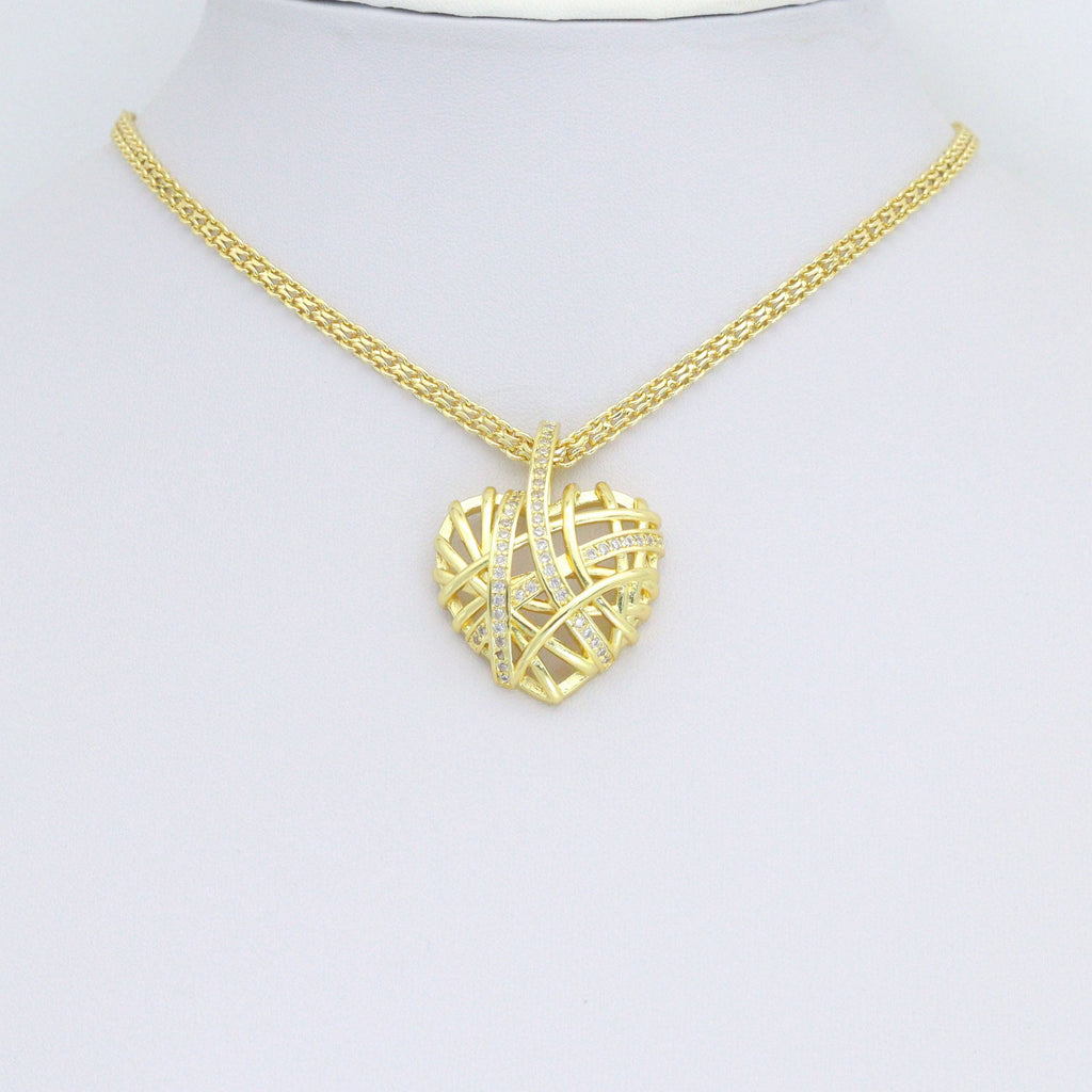 Clear CZ Gold Cage Puffy Heart Charm Pendant, Sku#LD708