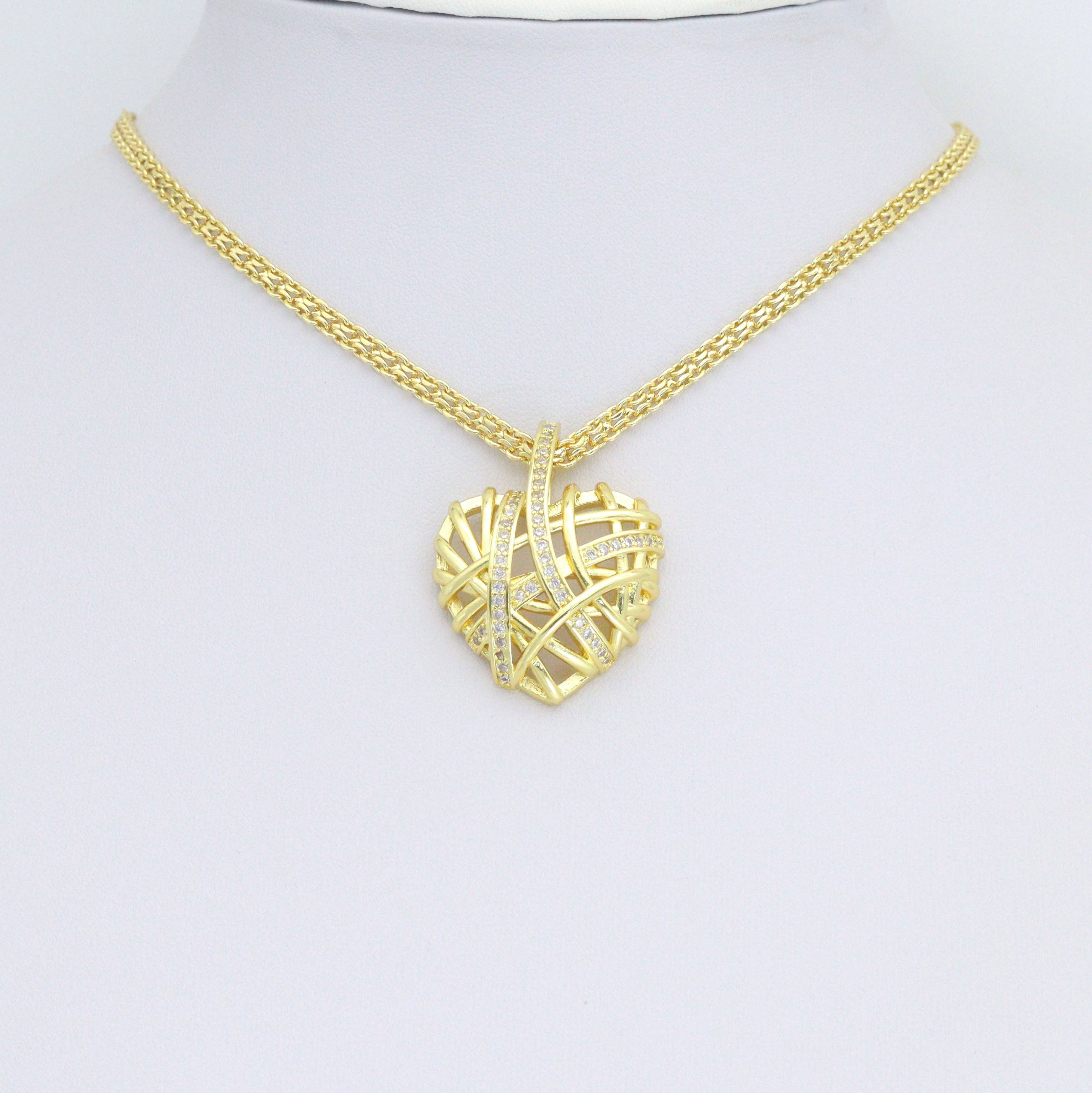 Clear CZ Gold Cage Puffy Heart Charm Pendant, Sku#LD708