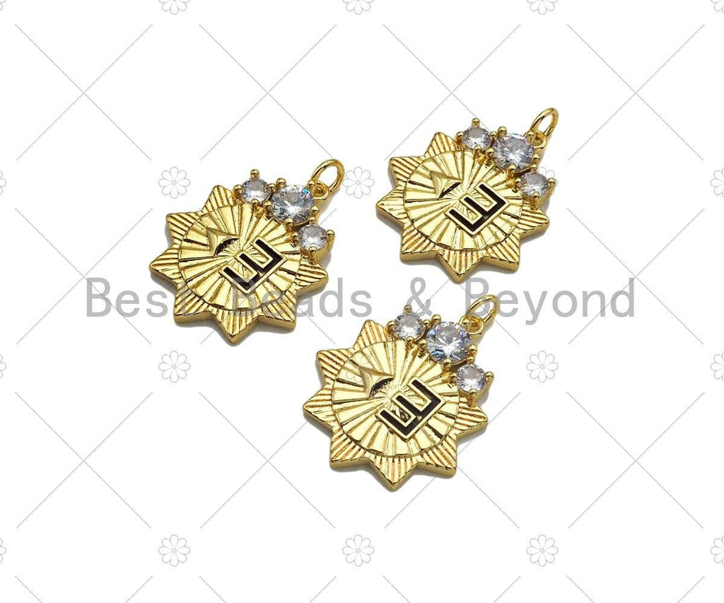 CZ Micro Pave E Word On Sunflower Shape Pendant/Charm,18K Dainty Gold with Big CZ Charm, Necklace Bracelet Charm Pendant, 21x25mm, Sku#L549