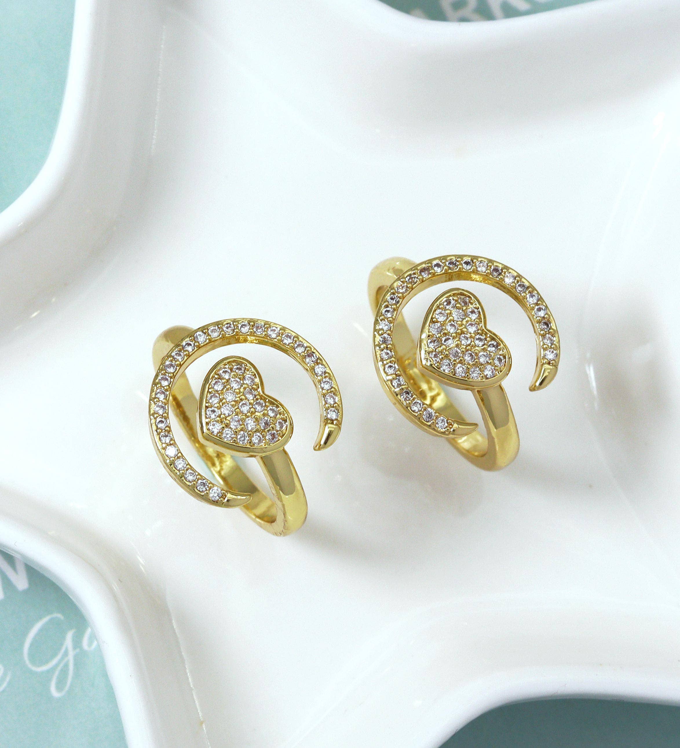 CZ Gold Heart Moon  Ring, Sku#LD320