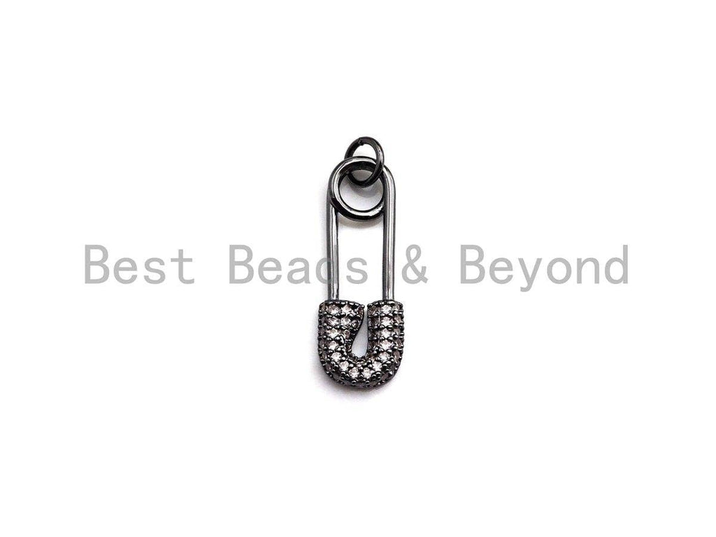 CZ Micro Pave Safety Pin Pendant, Cubic Zirconia Pendant Charm, Gold/Silver/Black, 8x25mm, SKU#Y239