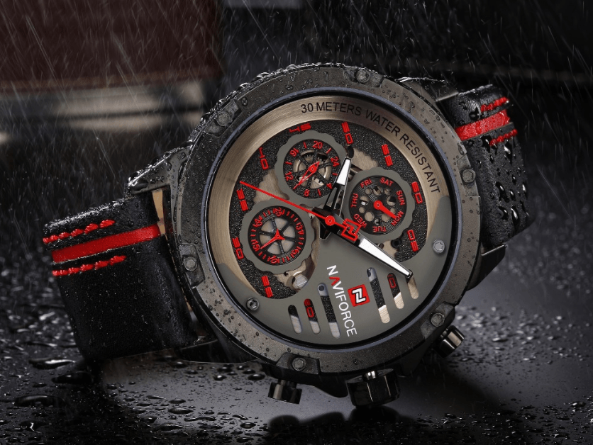 Montre de Sport Étanche Homme avec Chronomètres et Bracelet en Cuir Montre-Bracelet Multifonction Design Unique Cadeau Parfait