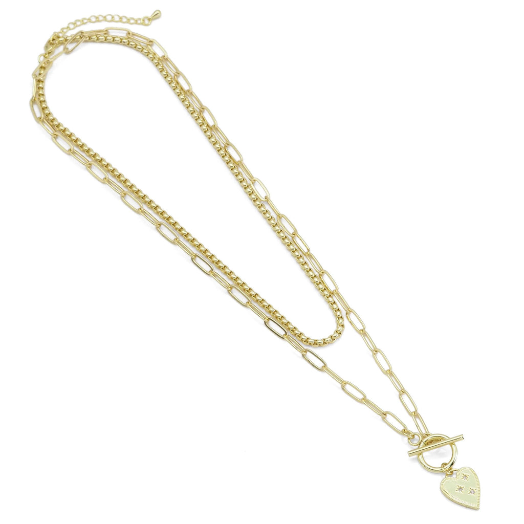 Gold Box Chain Paperclip Heart Chain Necklace Set, Sku#EF484