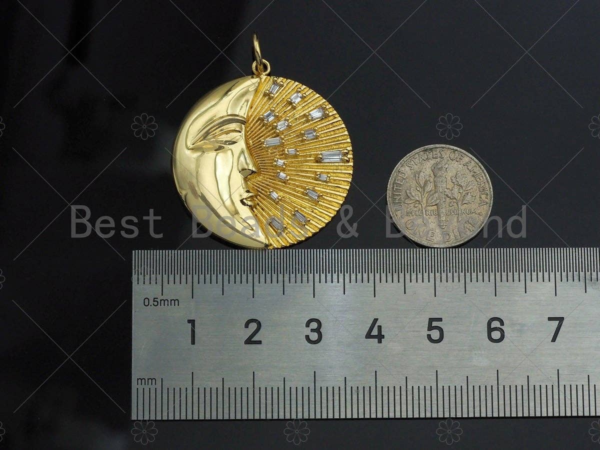 CZ Micro Pave Moon with Radiation Light Round Coin Pendant/Charm, Large Gold/Silver/Rose Gold/Gunmetal Coin Pendant, 31mm, sku#Y297