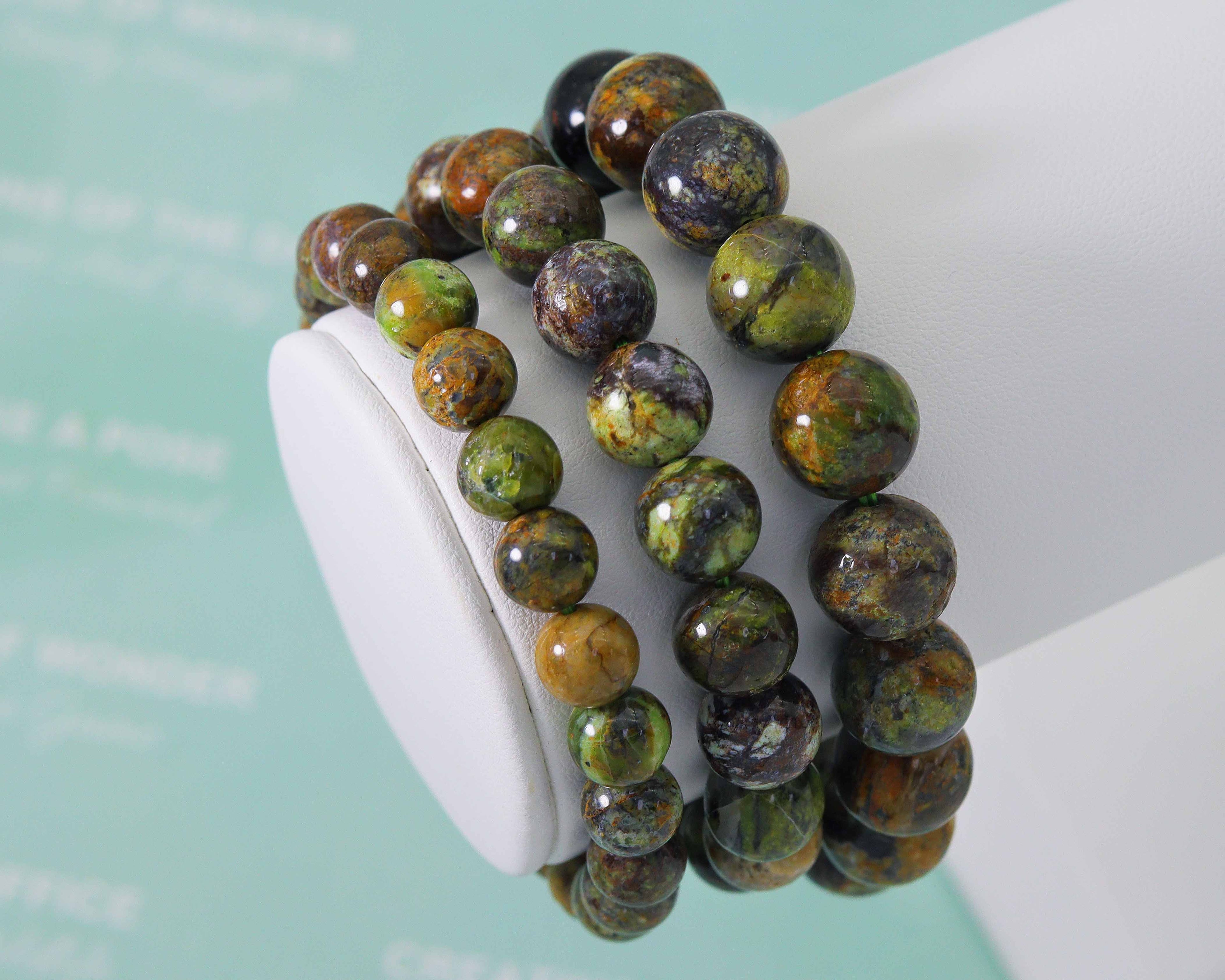 Natural Green Brown Brazil Opal Round Smooth Stretchy Bracelet, Sku#EF141