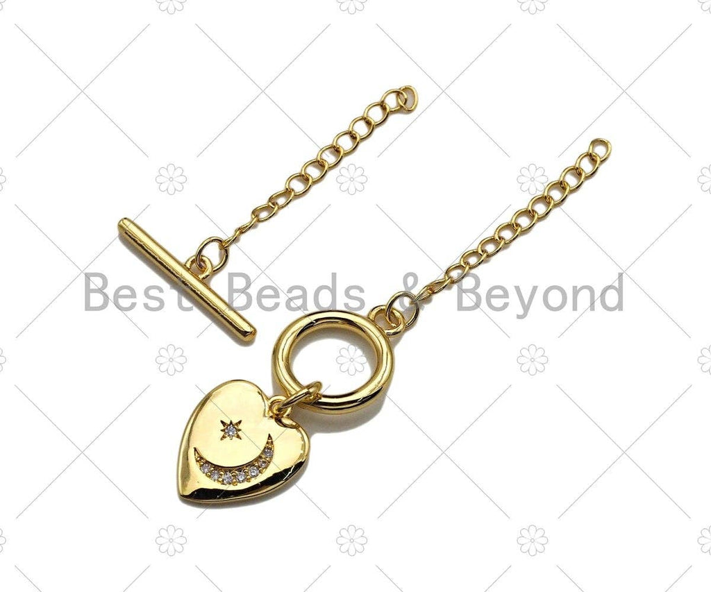1 Set CZ Micro Pave Moon Star on Heart Toggle Clasp, Gold/Silver Color Heart Toggle Clasp, T-bar closures, 13x15mm, sku#K129