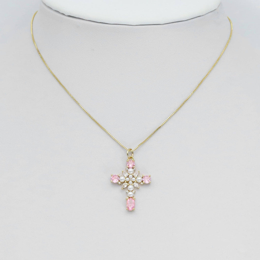 Pearl CZ Pave Cross Gold Silver pink Pendant, Sku#A221