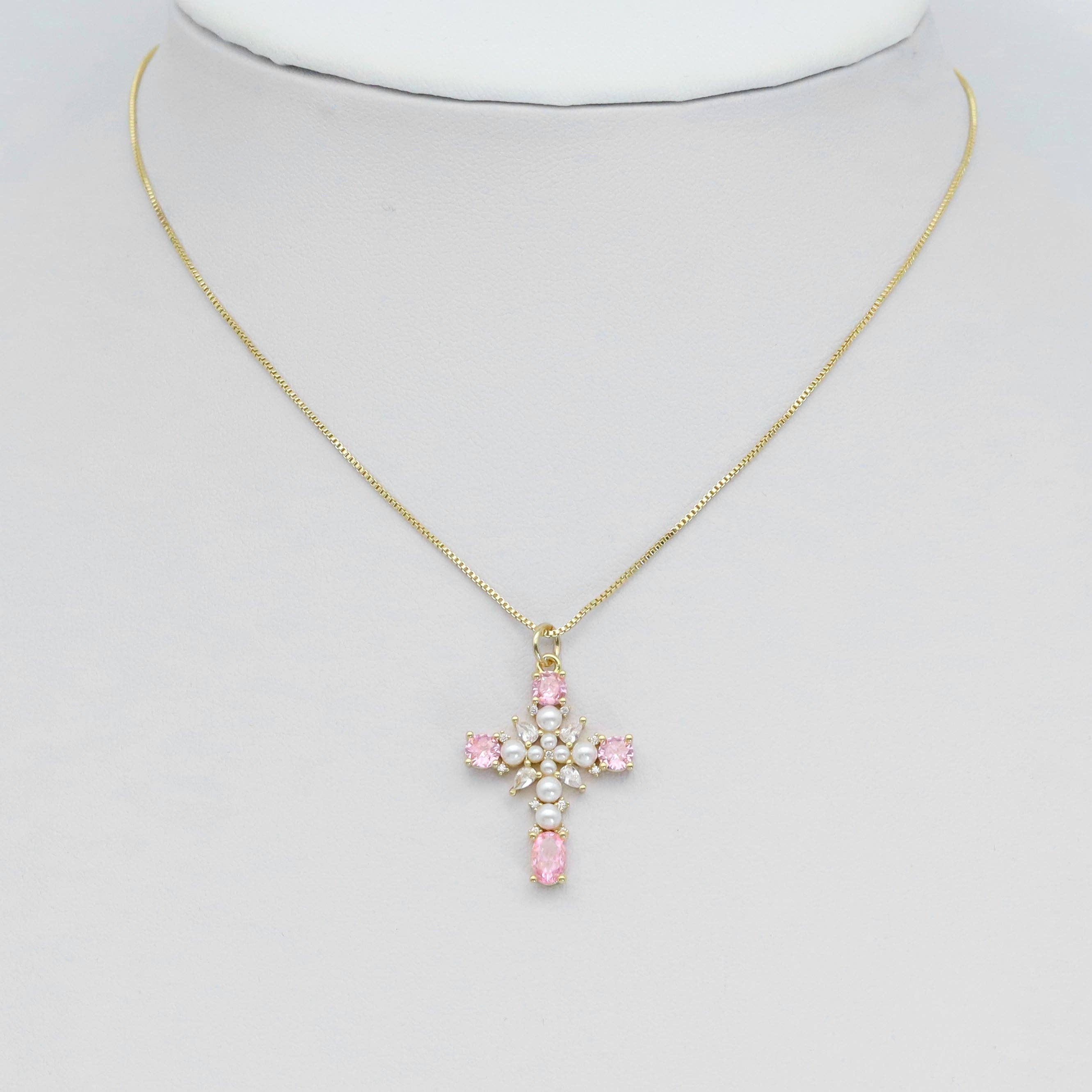 Pearl CZ Pave Cross Gold Silver pink Pendant, Sku#A221