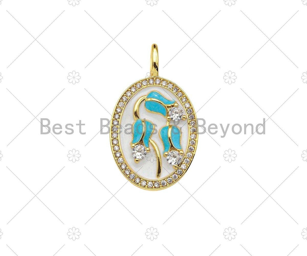 Turquiose Blue Enamel Flower On White Enamel Oval Shape Pendant, 18K Gold Filled Enamel Oval Charm,19x30mm,Sku#Z1376