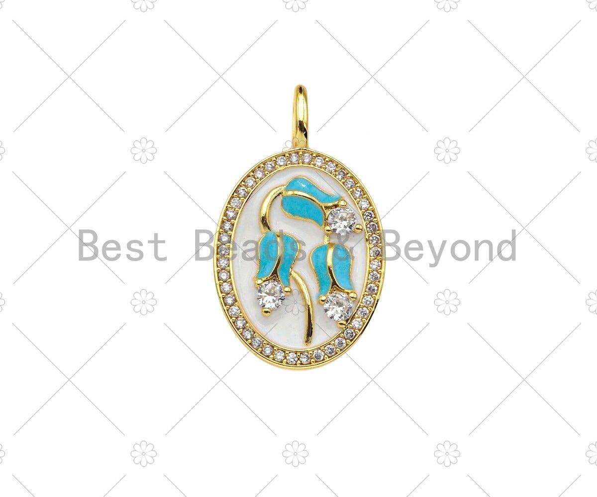 Turquiose Blue Enamel Flower On White Enamel Oval Shape Pendant, 18K Gold Filled Enamel Oval Charm,19x30mm,Sku#Z1376