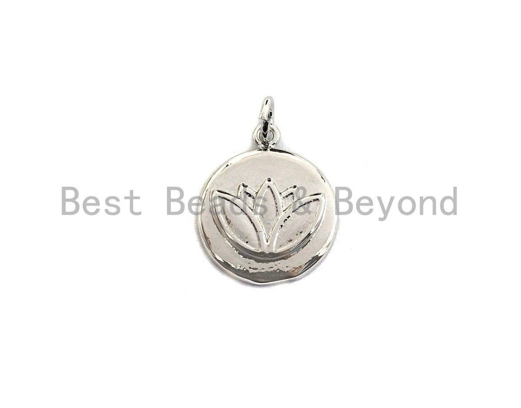 Lotus Flower on Disc Coin Pendant/Charm,Yoga Cubic Zirconia Pendant, Silver/Gold Tone,15x18mm,Sku#Z429