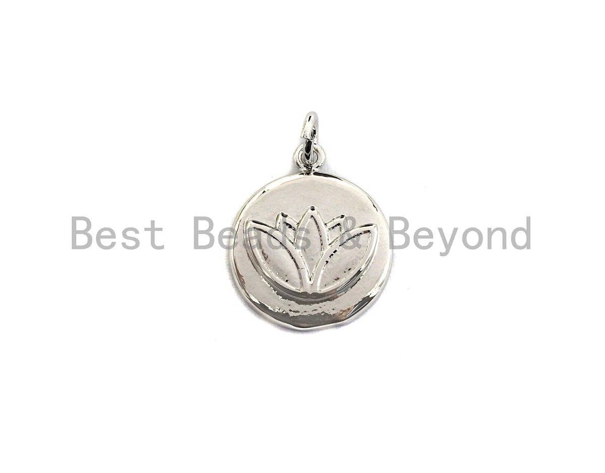 Lotus Flower on Disc Coin Pendant/Charm,Yoga Cubic Zirconia Pendant, Silver/Gold Tone,15x18mm,Sku#Z429