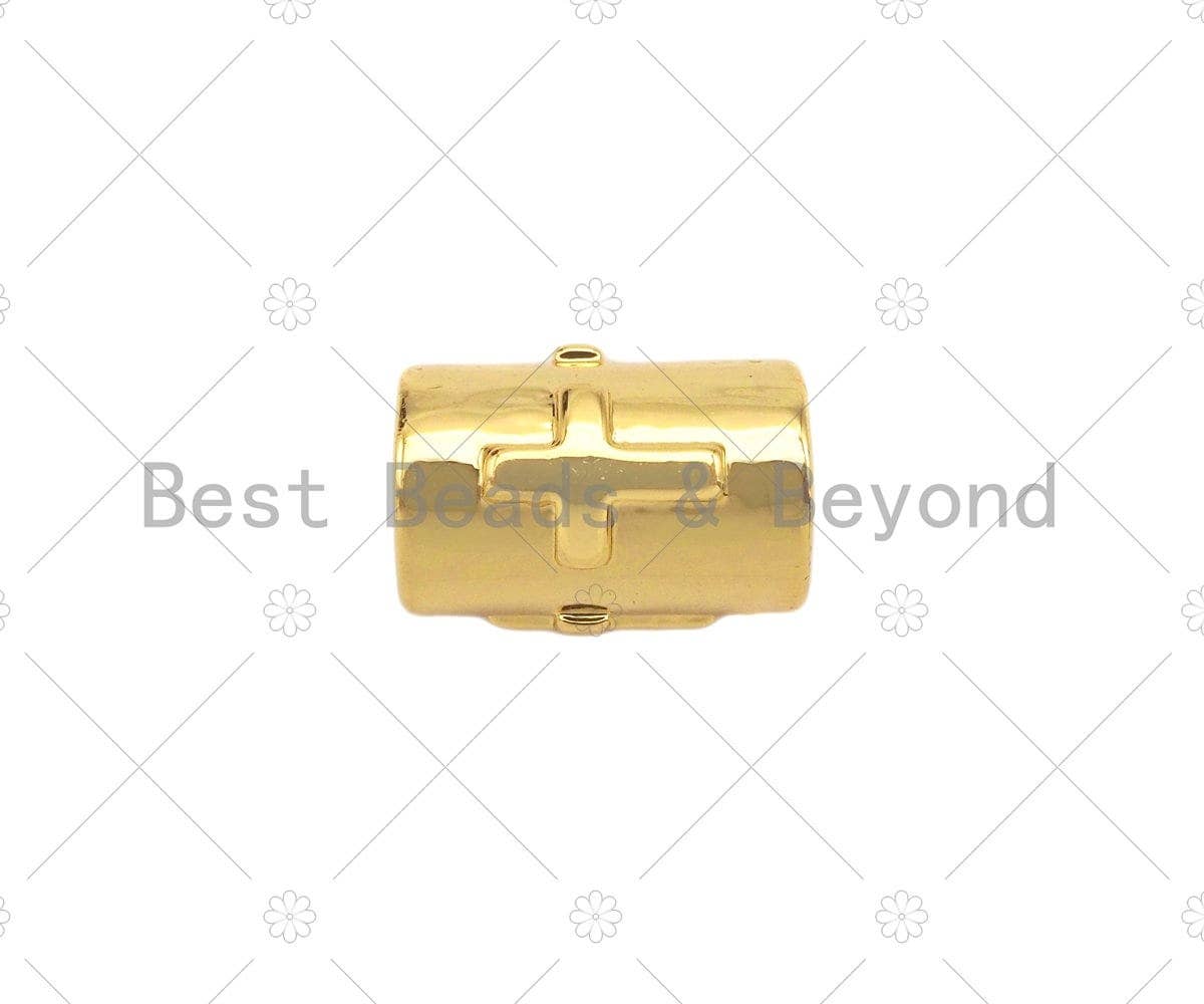 18K Gold High Polished Cross On Tube Space Bead, Large Hole Tube Spacer Beads, Men's Jewelry Findings, Bracelet Beads, 7x9mm, Sku#Y388