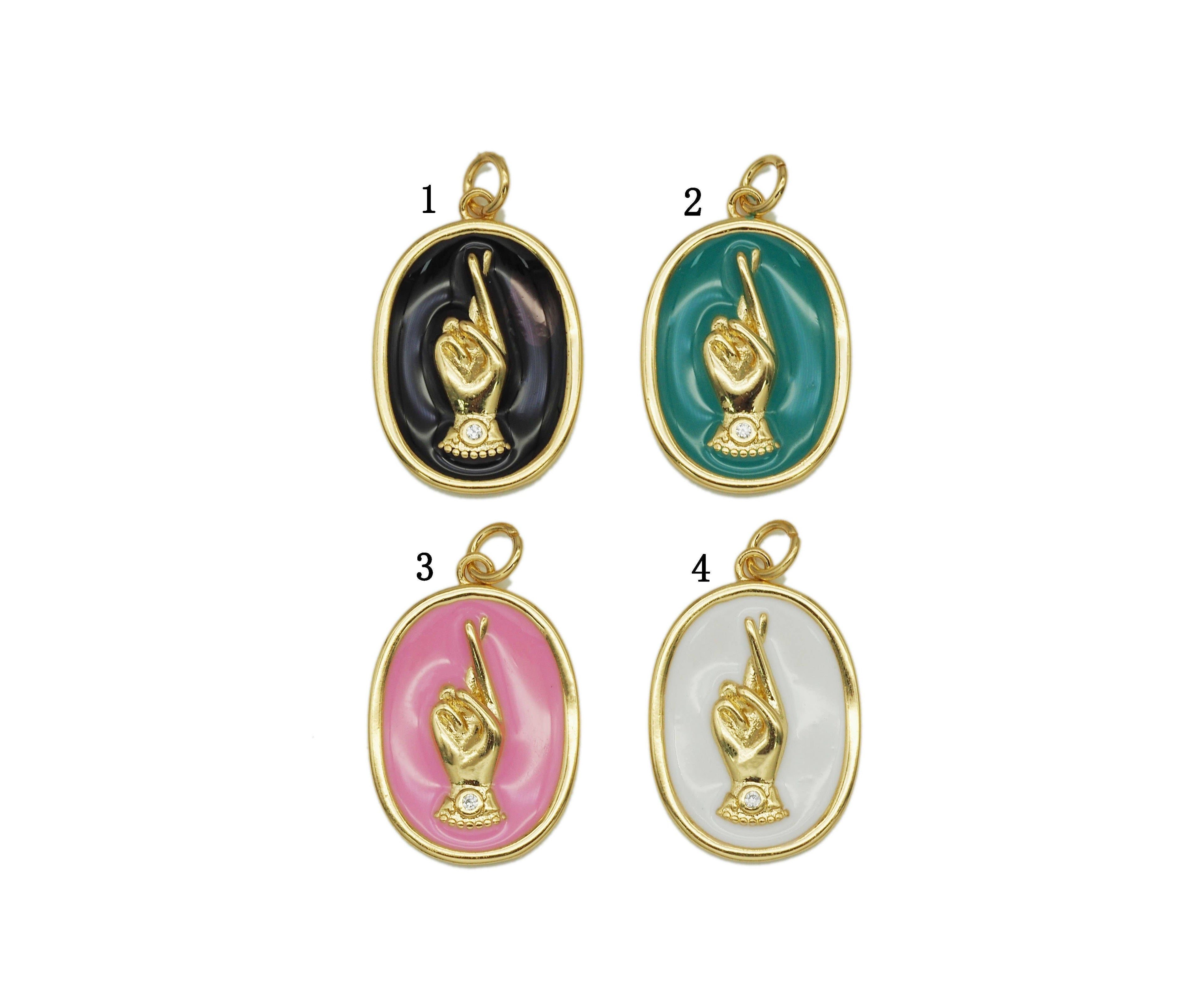 CZ Enamel Hand On Oval Pendant, Sku#Z1432