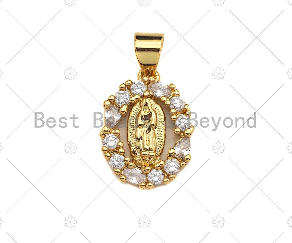 18K Gold Virgin Mary On Oval Emblem Shape Pendant, Oval Charm,  Sku#F1150C