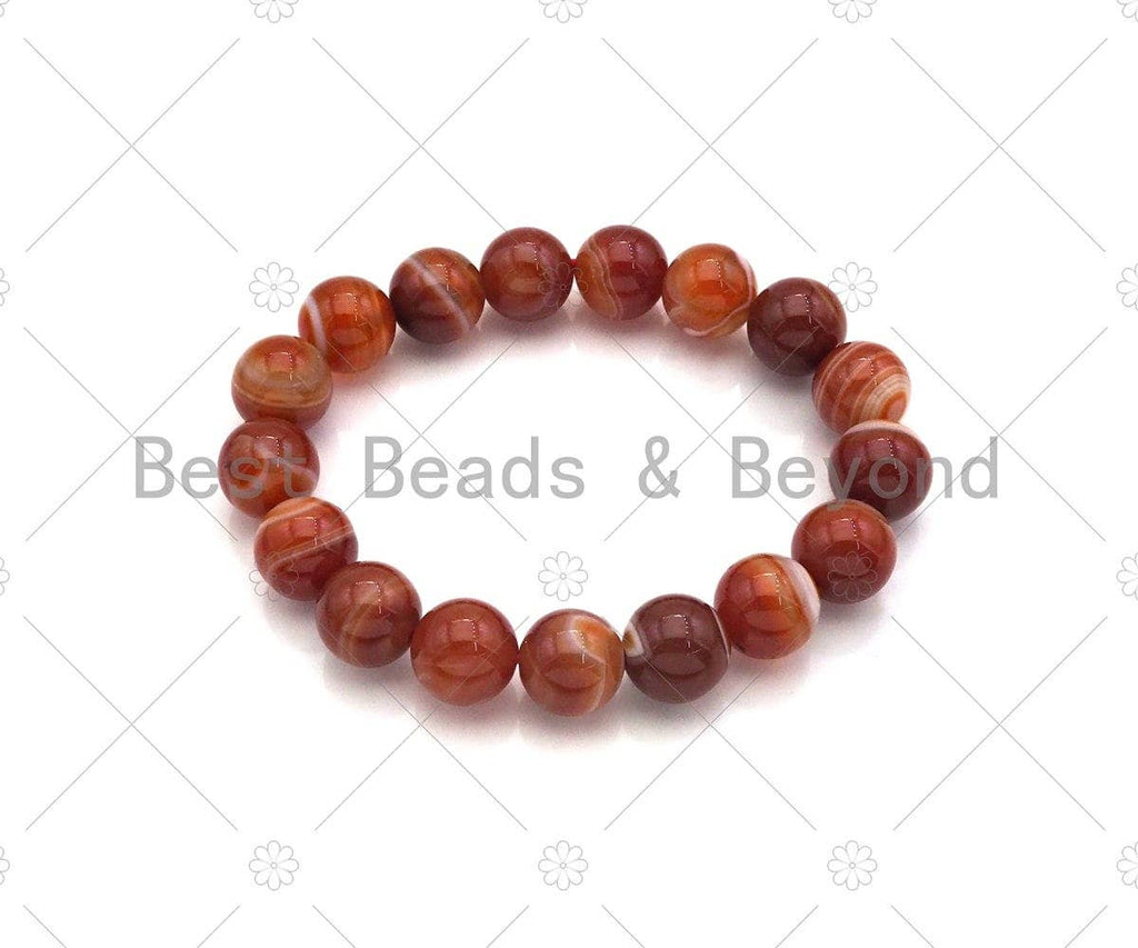 High Quality Natural Orange Red Banded Agate Stretchy Bracelet, 8mm/10mm/12mm Elastic Fit Round Smooth Bracelet, 7.5'' Bracelet, Sku#EF14