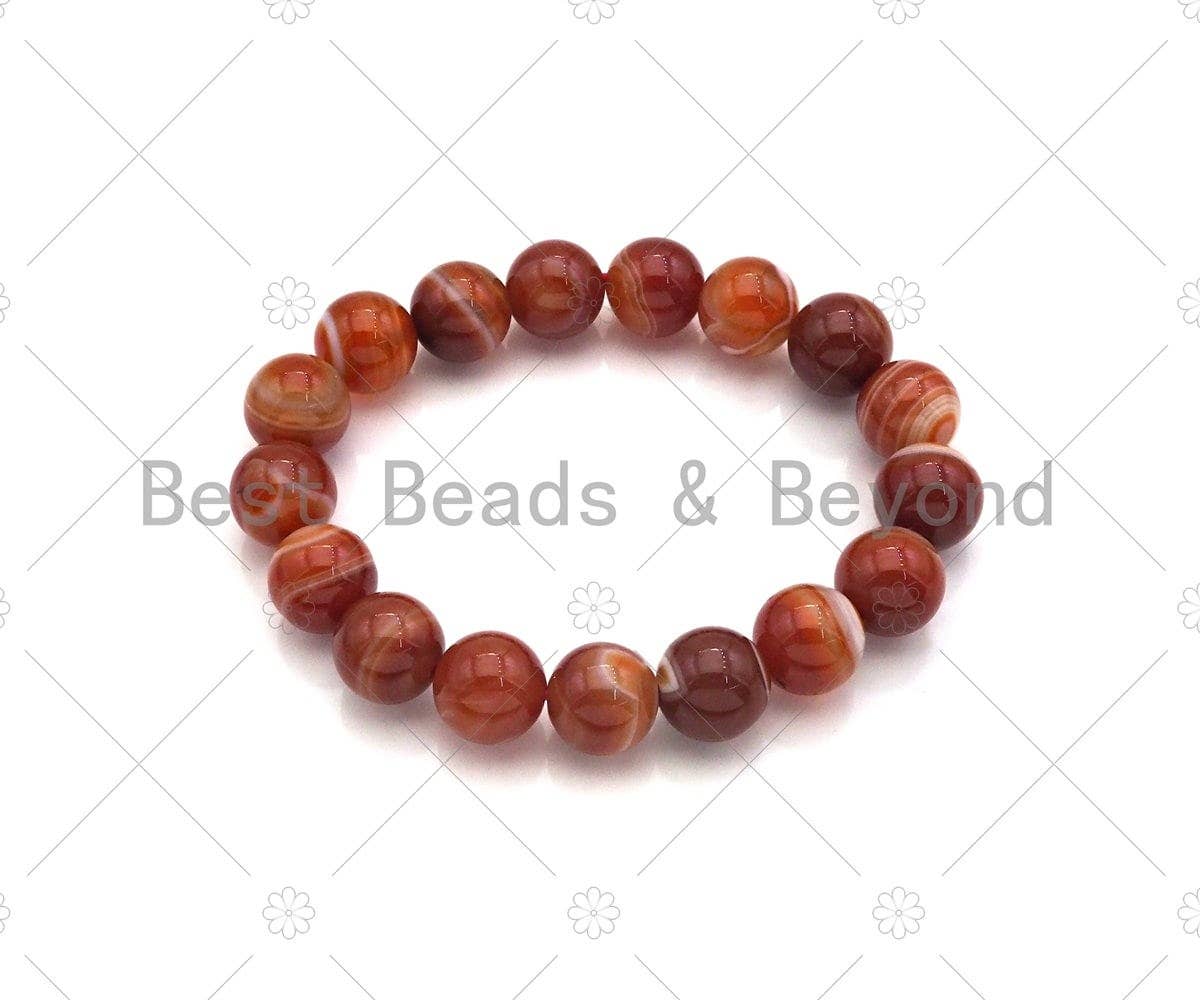 High Quality Natural Orange Red Banded Agate Stretchy Bracelet, 8mm/10mm/12mm Elastic Fit Round Smooth Bracelet, 7.5'' Bracelet, Sku#EF14